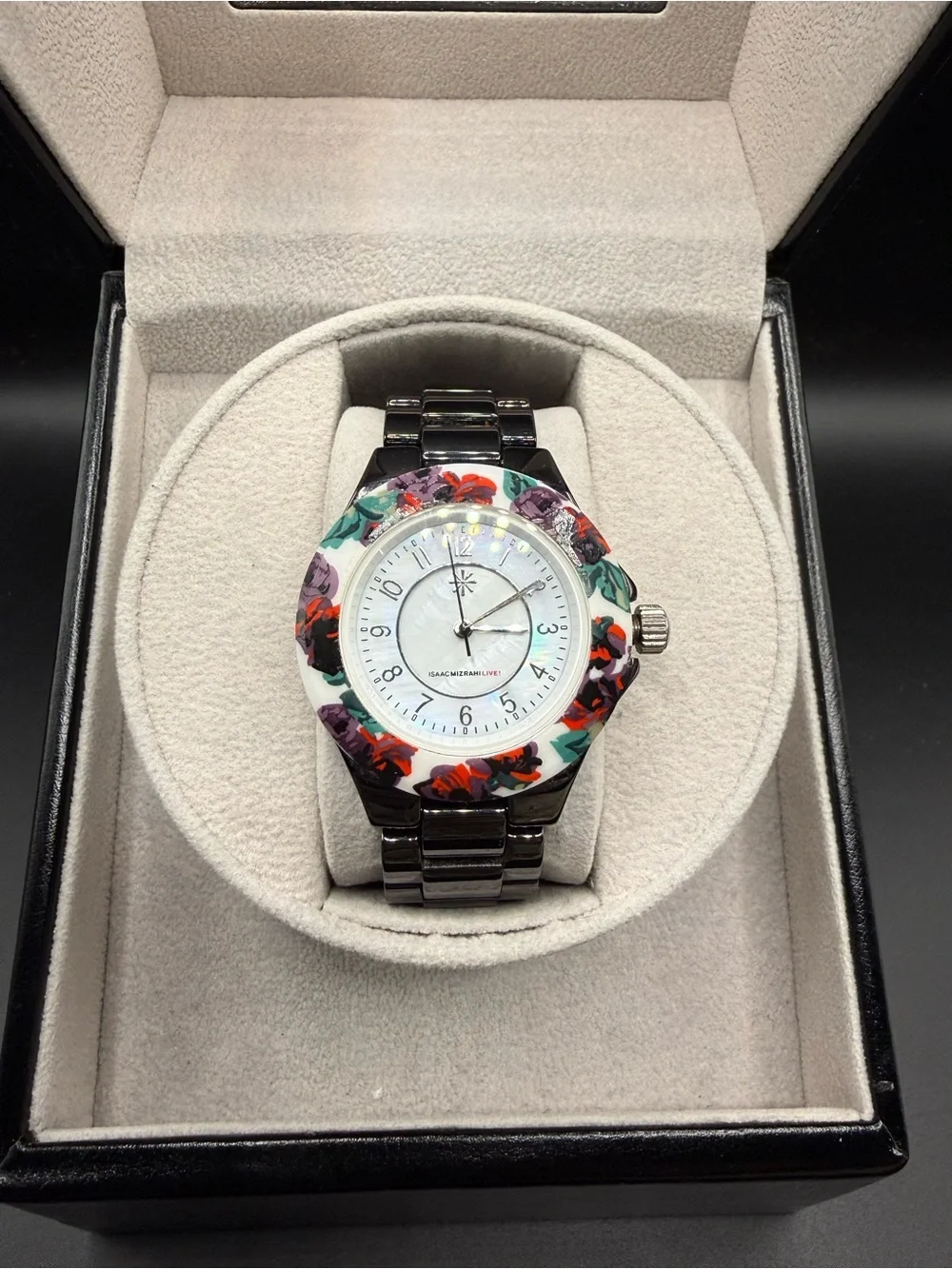 Isaac Mizrahi Live! Black Floral Bracelet Watch - Rare Find!